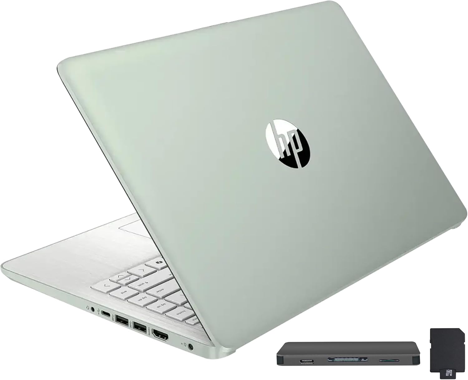 HP 14-inch Ultra Light Laptop W/1 Year Office 365&AI-Copilot, Intel Processor N150, 16GB RAM, 416GB Storage (128GB UFS + 288GB Docking Set), HD Camera, Long Battery Life, Wi-Fi 6, Win 11s, Green