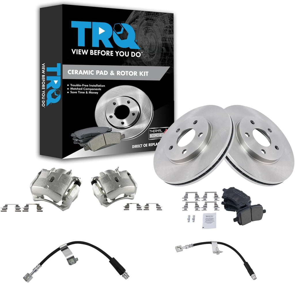 TRQ Front Brake Pad and Rotor Set Ceramic Vented Rotors Calipers Hoses 276 mm Compatible with 2004-2008 Chevrolet Malibu 2006-2007 Pontiac G6