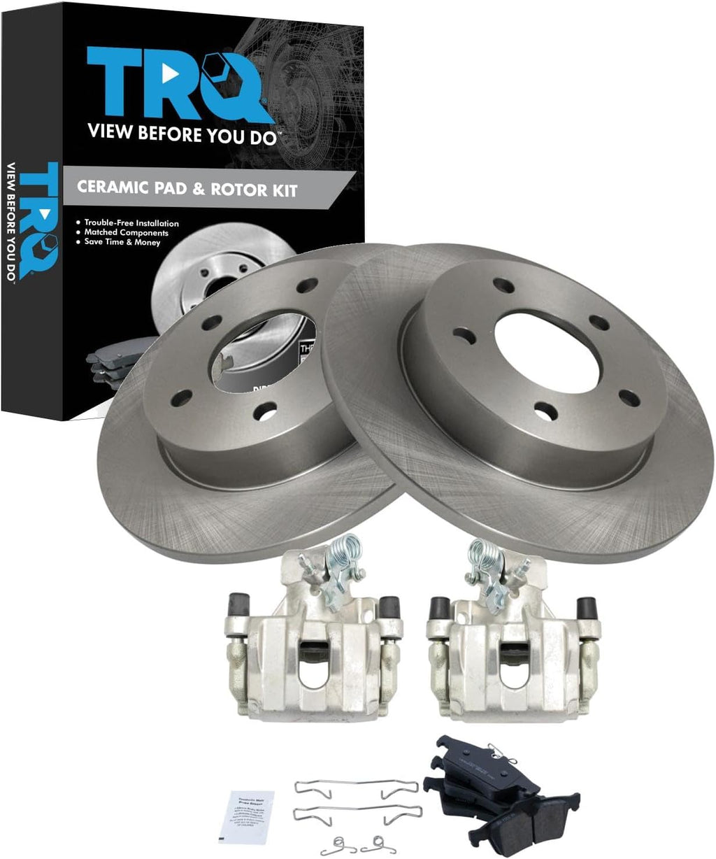 TRQ Rear Brake Pad and Rotor Set Ceramic Solid Rotors Calipers Compatible with 2009-2013 Mazda 3