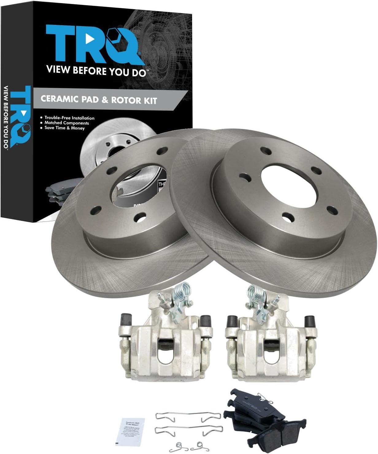 TRQ Rear Brake Pad and Rotor Set Ceramic Solid Rotors Calipers Compatible with 2009-2013 Mazda 3