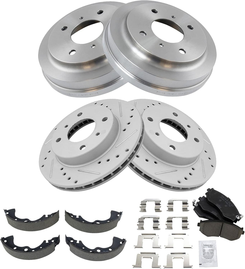 TRQ Brake Performance Rotor Pad Drums Shoes Kit Front & Rear Compatible with Nissan Sentra