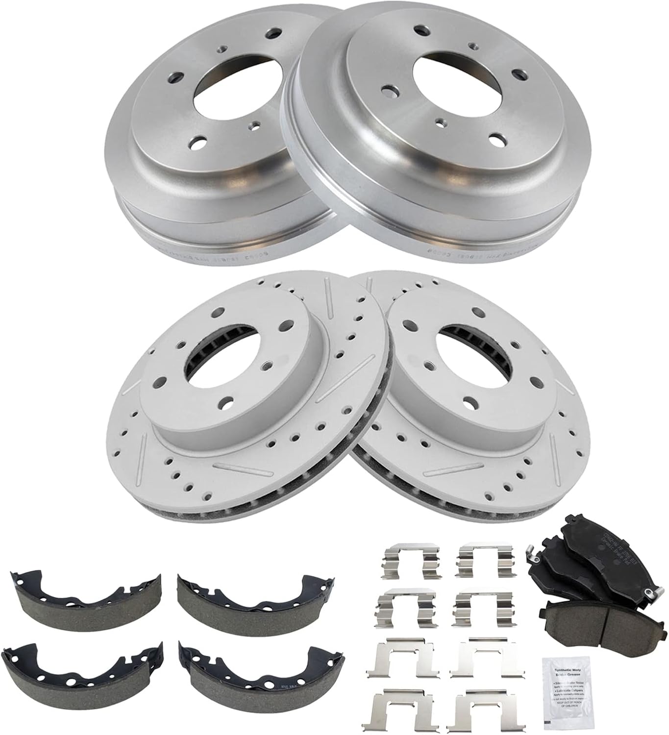 TRQ Brake Performance Rotor Pad Drums Shoes Kit Front & Rear Compatible with Nissan Sentra