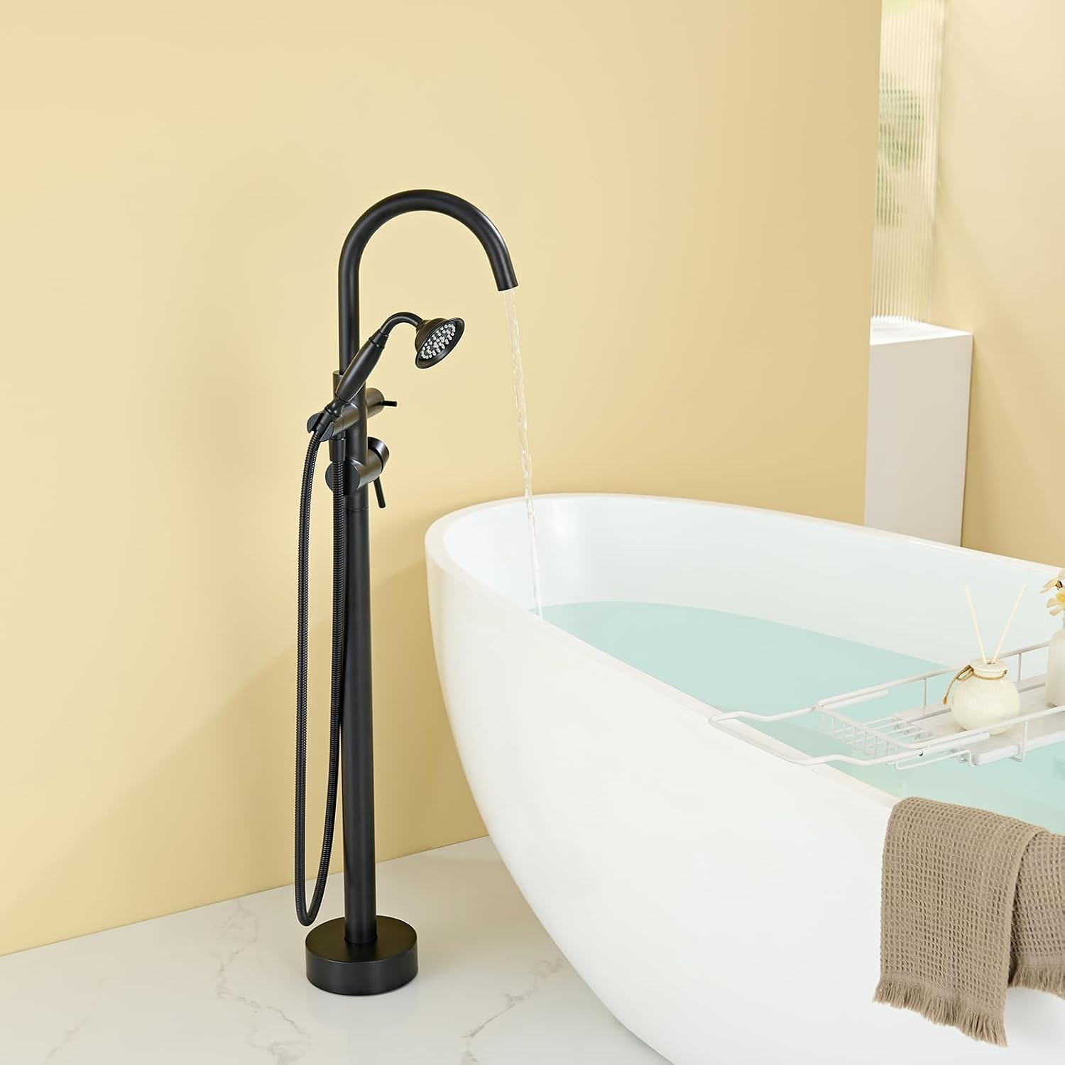 Wowkk Tub Filler Freestanding Bathtub Faucet Black Floor Mounted Brass Bathroom Tub Faucets with Hand Shower
