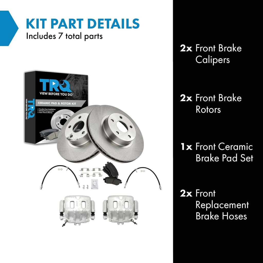 TRQ Front Brake Pad and Rotor Set Ceramic Rotors Calipers Hoses Compatible with 1999-2001 Subaru Legacy 2000 Outback