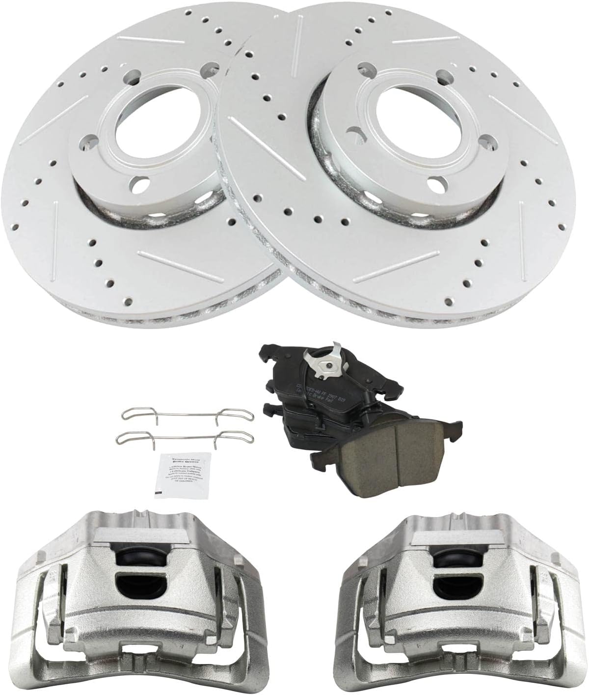 TRQ Performance Front Brake Pad and Rotor Set Ceramic Vented Coated Rotors Calipers Compatible with 2005-2006 Audi A4 A4 Quattro
