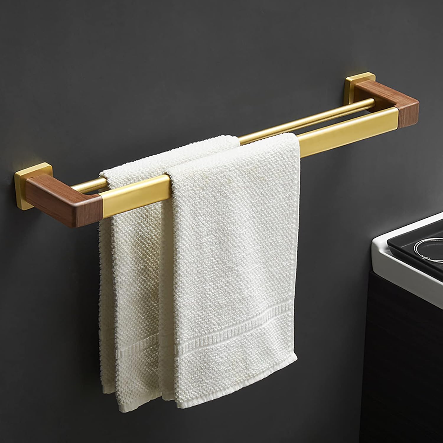 Double Towel Bar Towel Rail Brushed Gold Space Aluminum and Walnut Bathroom Towel Rack Wall Mounted Towel Holder Double Rod Storage Rack for Bathroom, Kitchen, Toilet