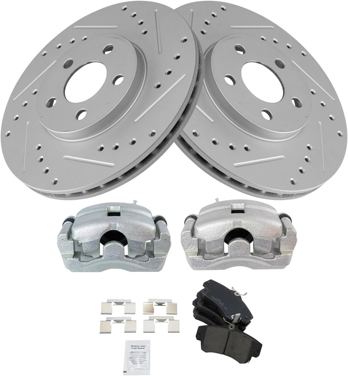 TRQ Performance Front Brake Pad and Rotor Set Ceramic Vented Coated Drilled Slotted Rotors Calipers Compatible with 2001-2009 Chrysler PT Cruiser