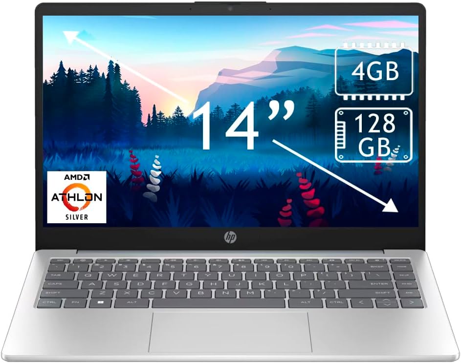 HP 14'' HD(1366 x 768) Laptop, AMD Athlon 7120, 4GB RAM, 128GB SSD, Long Battery Life, Moonlight Blue, 12-Month Microsoft 365 Included, Copilot AI, Windows 11 Home in S Mode