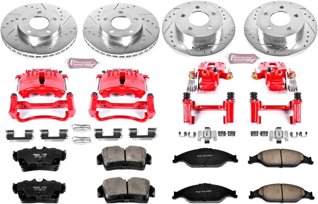 PowerStop Front and Rear Brake & Caliper Kit for Ford Mustang 1999-02 - Carbon-Fiber Ceramic Brake Pads + Drilled & Slotted Rotors + Red Powder Coated Calipers, KC1302