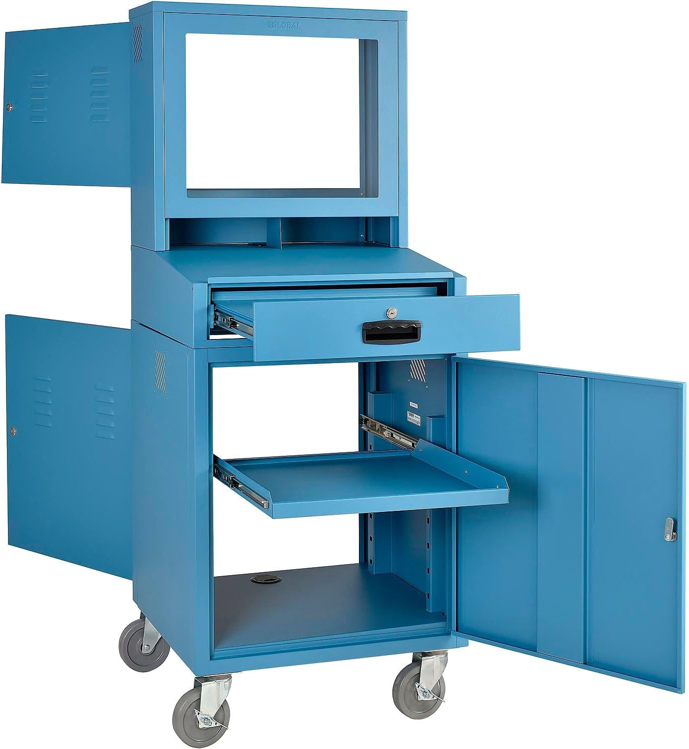 Global Industrial Mobile Security LCD Computer Cabinet Enclosure for 24' Diagonal Monitors, Steel Construction, Blue Powder Coat Finish, 24-1/2'W x 22-1/2'D x 62-3/4'H