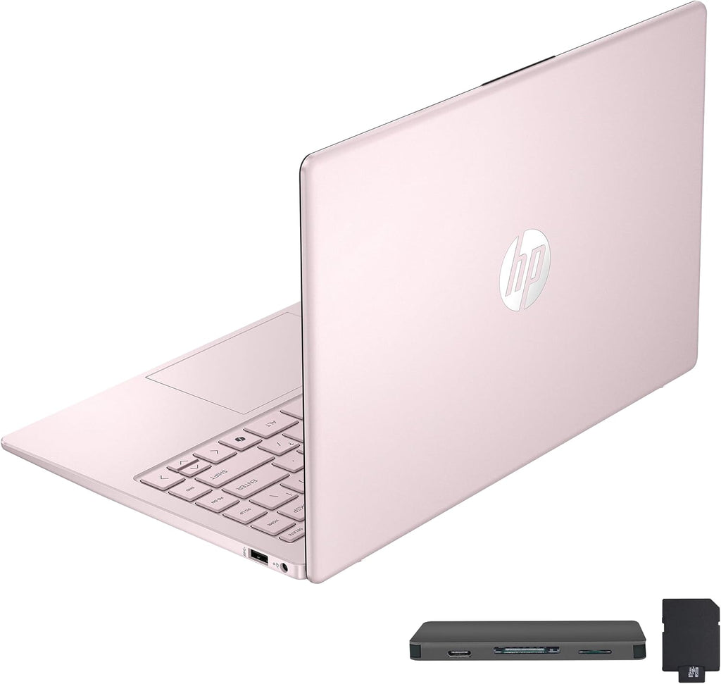 HP Flagship 14' HD Student&Business Laptop with AI Copilot, 13th Gen Intel 4-Core, 4GB RAM, 256GB Storage (128GB UFS + 128GB Docking Station), 1 Year Office 365, 720p Webcam, Win 11, Tranquil Pink