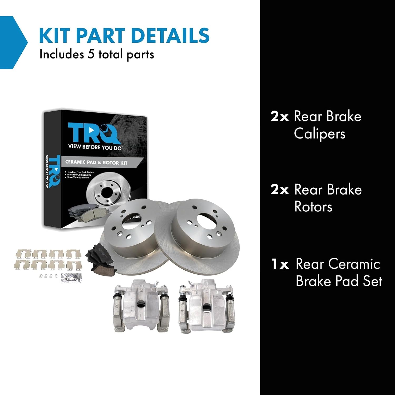 TRQ Rear Brake Pad and Rotor Set Ceramic Solid Rotors Calipers Compatible with 2012-2017 Toyota Camry 2013-2015 Avalon
