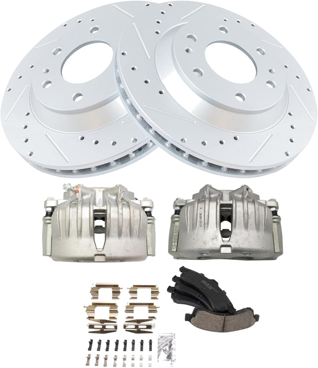 TRQ Performance Front Brake Pad & Rotor Ceramic Coated Drilled Rotors Calipers Compatible with 02-05 Chevrolet Trailblazer GMC Envoy 02-04 Oldsmobile Bravada 04-05 Buick Rainier 2005 Isuzu Ascender