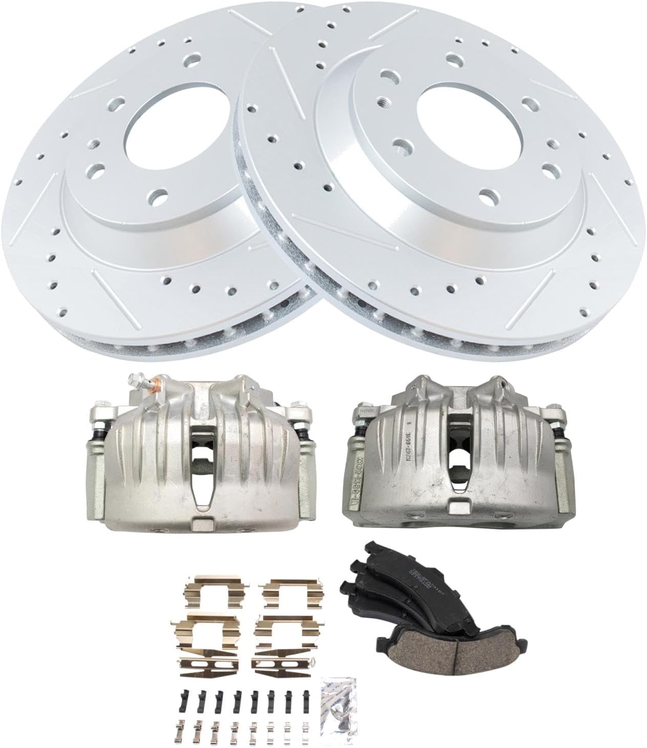 TRQ Performance Front Brake Pad & Rotor Ceramic Coated Drilled Rotors Calipers Compatible with 02-05 Chevrolet Trailblazer GMC Envoy 02-04 Oldsmobile Bravada 04-05 Buick Rainier 2005 Isuzu Ascender