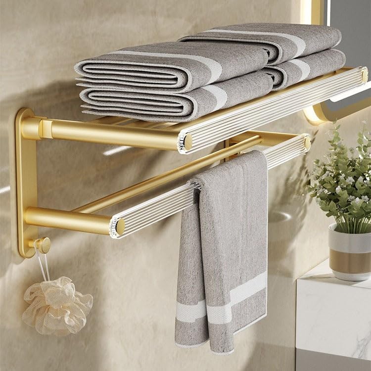 Bathroom Shelves Towel Rack for Bathroom, Wall Mounted Foldable Bath Towel Holder with Double Towel Bar, Gold Aluminum Towel Organizer Towel Storage Hanger Shower Caddy