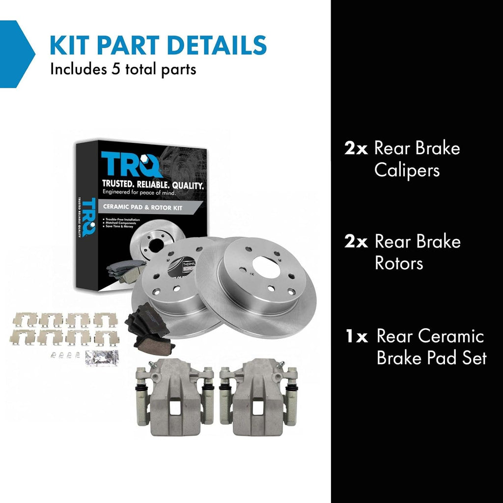 TRQ Rear Brake Pad and Rotor Set Ceramic Solid Rotors Calipers Compatible with 2006-2011 Toyota RAV4
