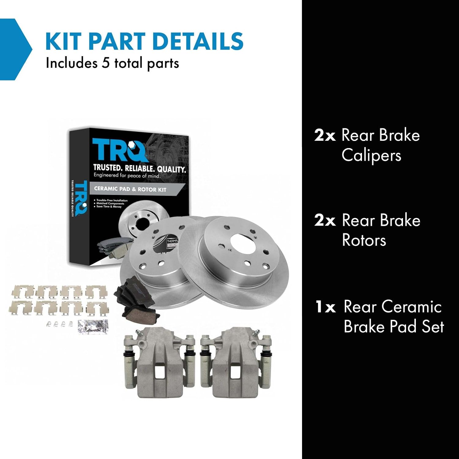 TRQ Rear Brake Pad and Rotor Set Ceramic Solid Rotors Calipers Compatible with 2006-2011 Toyota RAV4