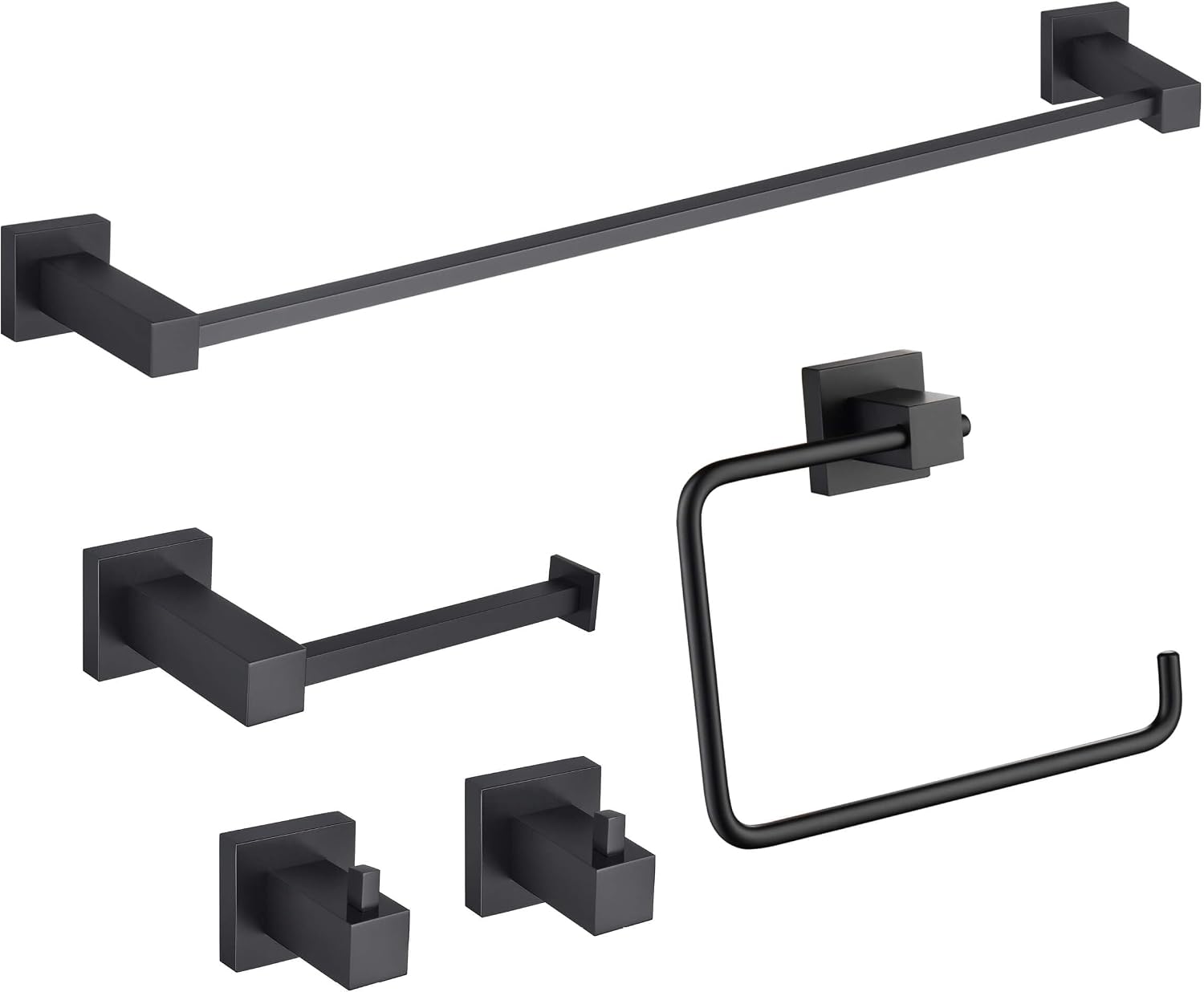 KIBI Cube 5-Piece Bathroom Hardware Set – Wall Mounted Bath Accessories Kit, Premium Brass, Includes Towel Bar, Towel Ring, Toilet Paper Holder, Robe Hook & Towel Hook (Matte Black, C-KBA15-5-1)