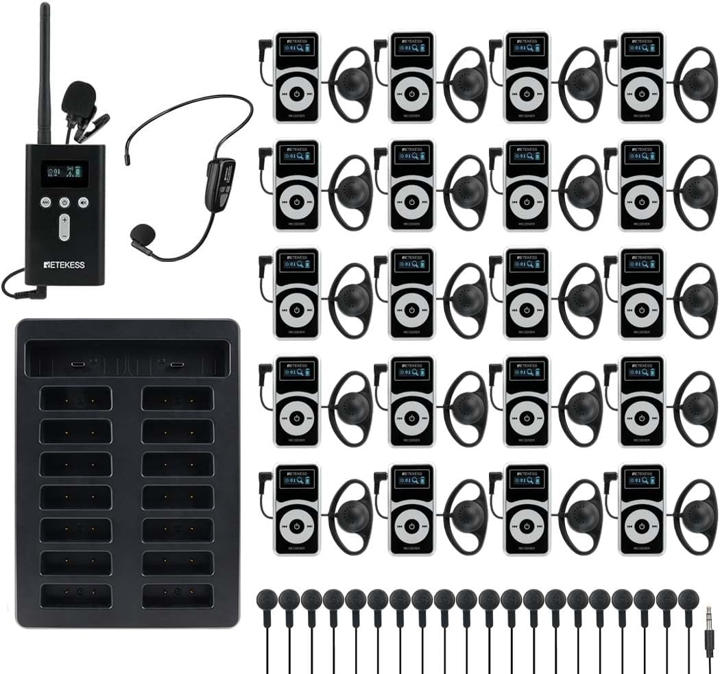 Retekess T130P Factory Tour Guide System Voice Audio Transmission,Upgraded Noise Reduction,Tour Guide Microphone,160m/525ft,Walking Tour Headsets for Tour Groups (1TX 20 RX)