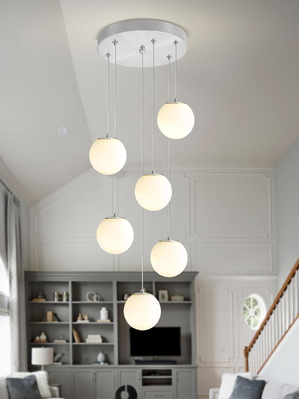 ykolupty 6-Light Silver Chandelier with White Globe Glass Dimmable Ceiling Light Glass Pendant Light for Kitchen Island, Dining Room, Living Room, Entry Hallway, LED Bulbs Included