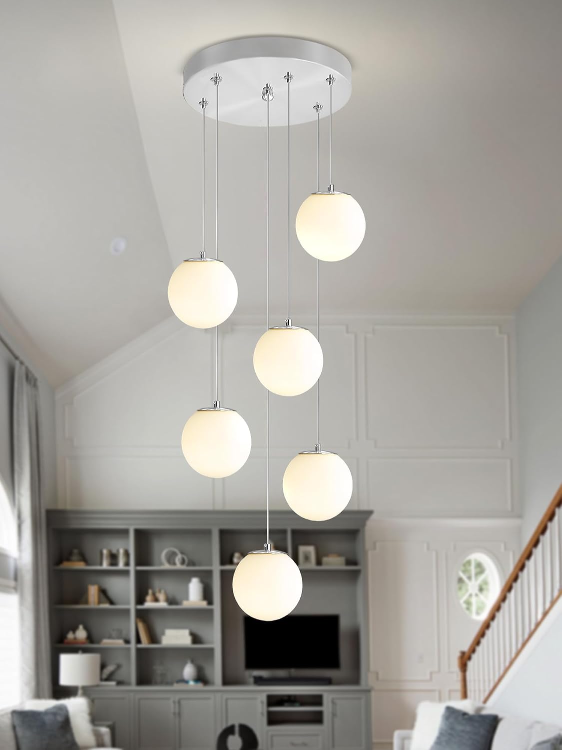 ykolupty 6-Light Silver Chandelier with White Globe Glass Dimmable Ceiling Light Glass Pendant Light for Kitchen Island, Dining Room, Living Room, Entry Hallway, LED Bulbs Included