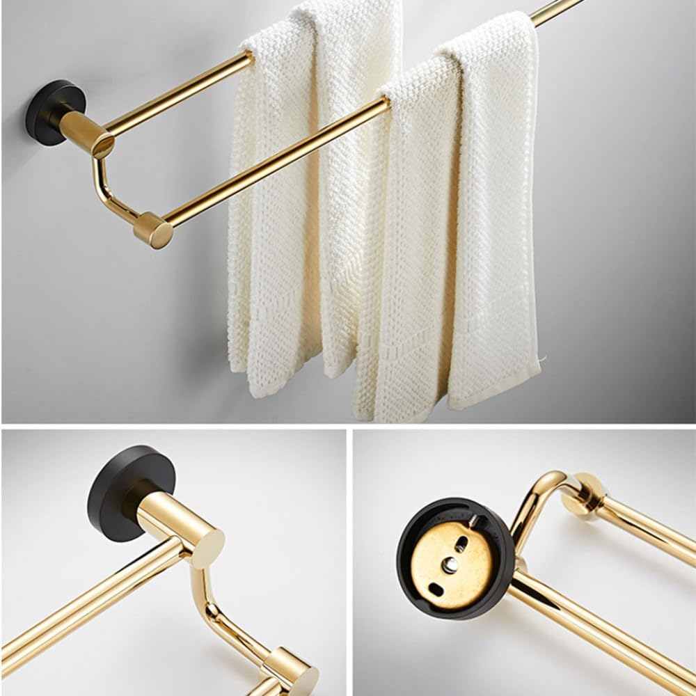 Bathroom Hardware Fixture Set, Towel Bar, Bathroom Towel Rack, Toilet Brush, Toilet Paper Holder, Robe Hooks, Towel Ring (Gold),Double Bars