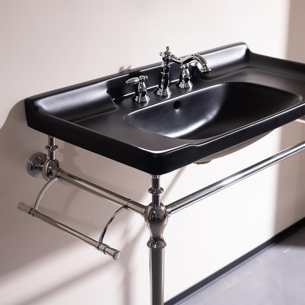 36'' Console Bathroom Sink, Freestanding Console Sink With Stainless Brushed Chrome Legs, Modern Bathroom Vanity with 3 Tap Holes, Black with Silver