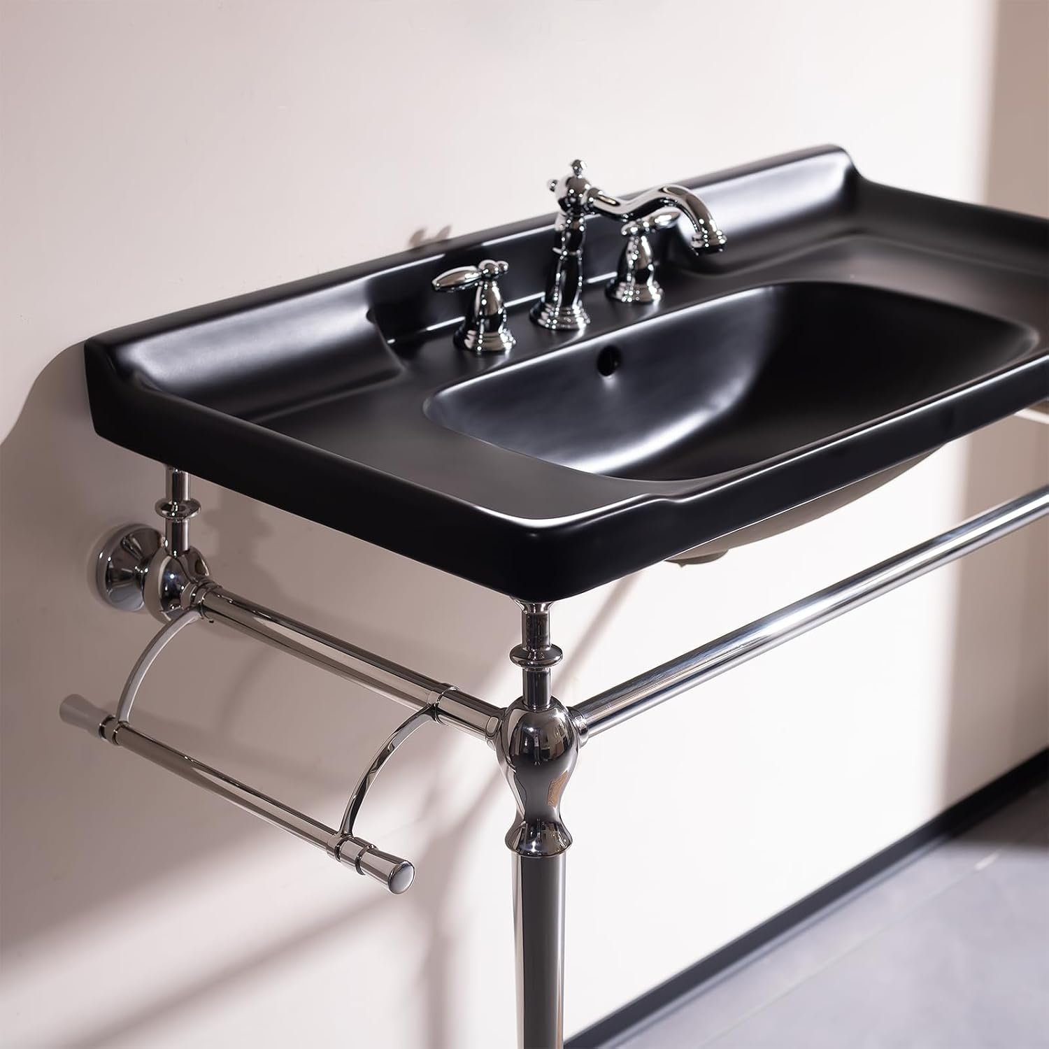36'' Console Bathroom Sink, Freestanding Console Sink With Stainless Brushed Chrome Legs, Modern Bathroom Vanity with 3 Tap Holes, Black with Silver