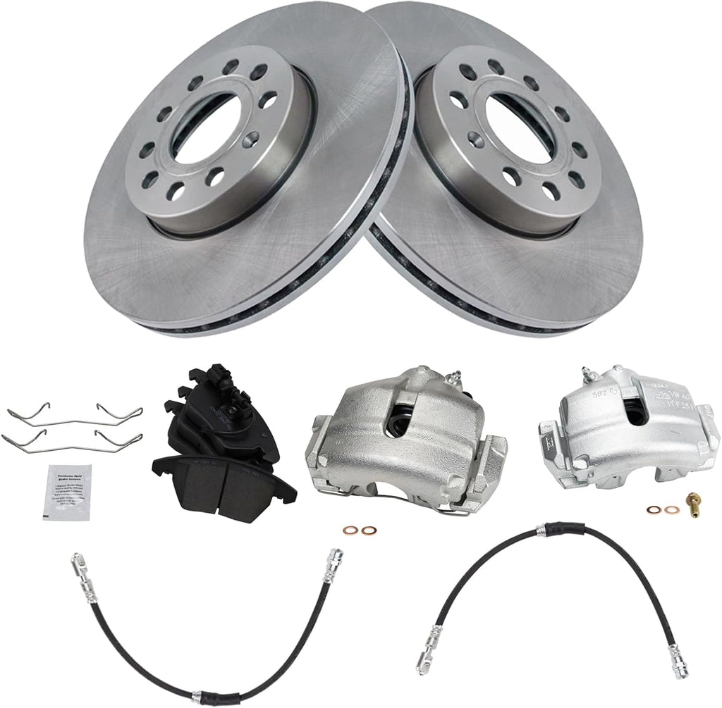 TRQ Front Brake Pad and Rotor Set Ceramic Vented Rotors Calipers Hoses Compatible with 2010 Audi A3 2012 Volkswagen Golf 2013 GTI 2009-2010 Jetta 2006-2009 Rabbit