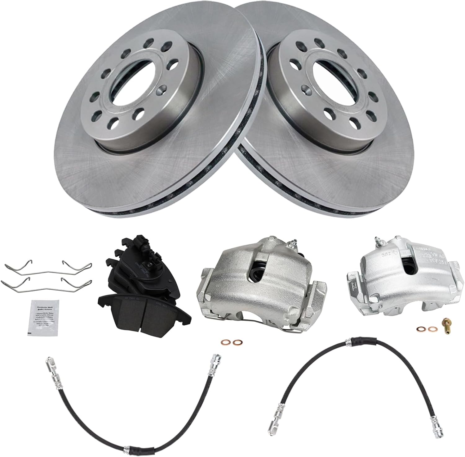 TRQ Front Brake Pad and Rotor Set Ceramic Vented Rotors Calipers Hoses Compatible with 2010 Audi A3 2012 Volkswagen Golf 2013 GTI 2009-2010 Jetta 2006-2009 Rabbit