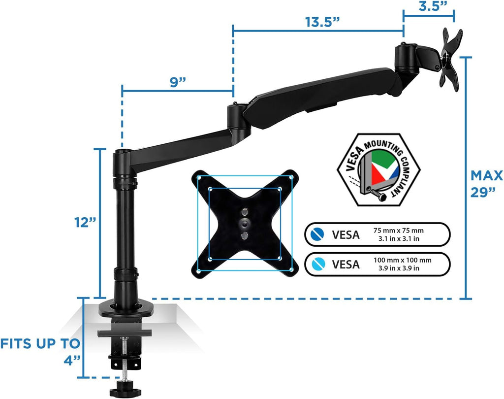 Mount-It! Premium Modular Monitor Desk Mount Arm Stand | Full Motion Gas Spring Arm Fits 19 21.5 24 27 32 Inch Computer Screens with 75 100 VESA Patterns | C-Clamp and Grommet Bases | Black