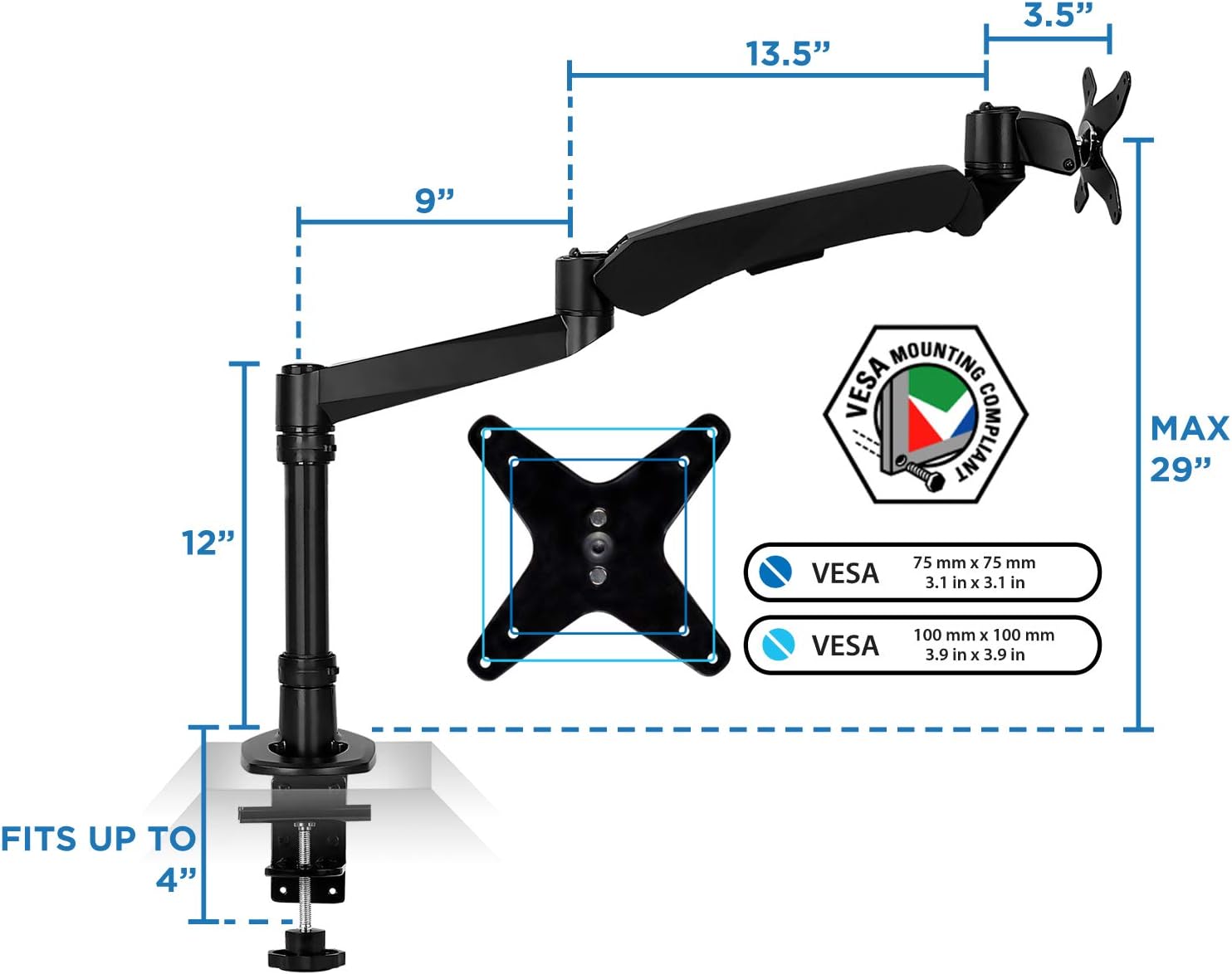Mount-It! Premium Modular Monitor Desk Mount Arm Stand | Full Motion Gas Spring Arm Fits 19 21.5 24 27 32 Inch Computer Screens with 75 100 VESA Patterns | C-Clamp and Grommet Bases | Black