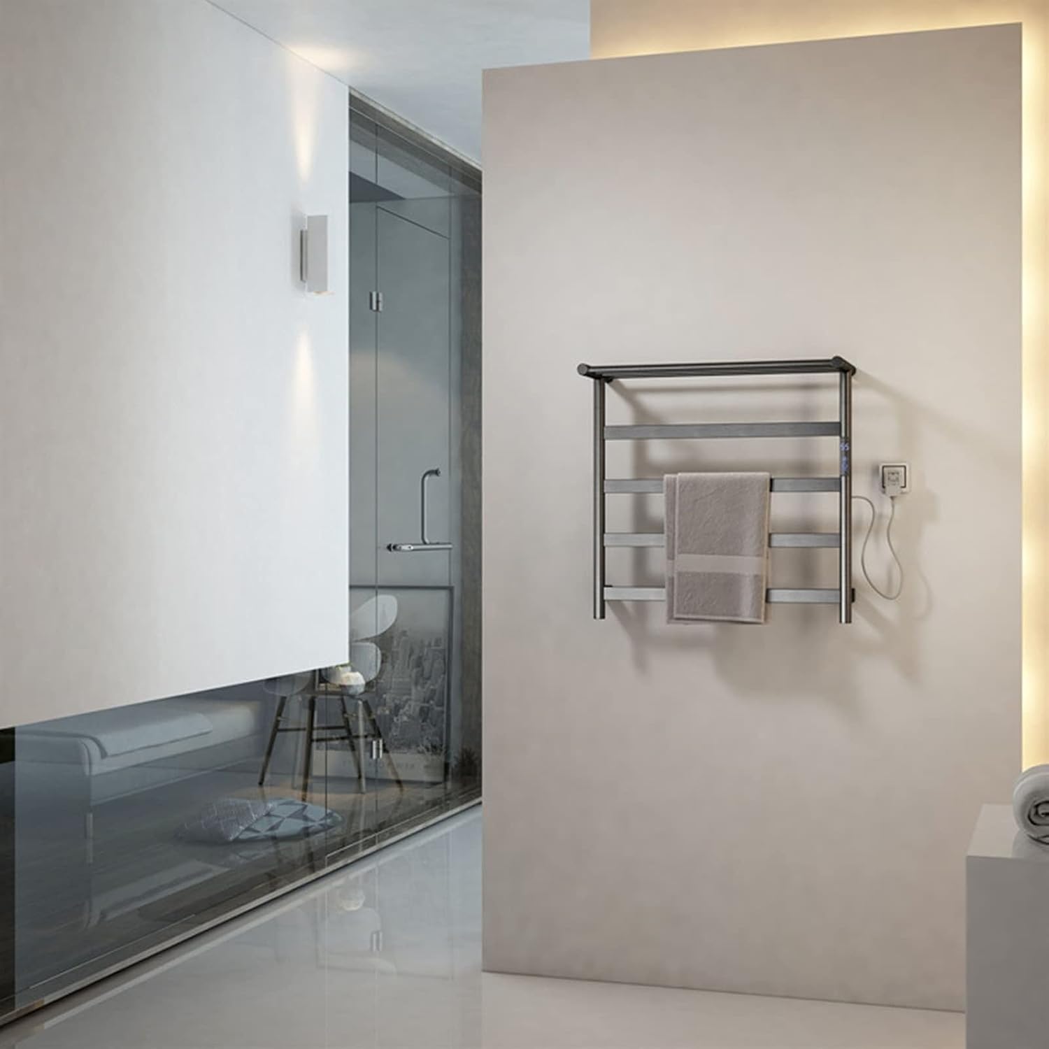 Heated Towel Rack, Double Layer Towel Warmer Heated Towel Rail Heating Drying Rack4-Bar Wall Mounted Towel Warmer Energy Efficient Electric Plug in Heated Towel Rack for Bathroom (Gray)