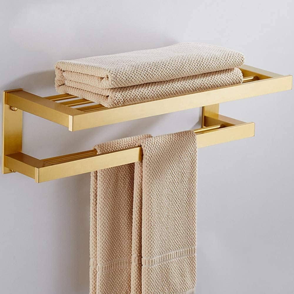 Towel Rack Towel Rail Double Towel Bar Brushed Space Aluminum Metal Bathroom Towel Rack Shelf Wall Mount Towel Holder for Bathroom Kitchen Towel Bar Towel Holder/Gold/60Cm