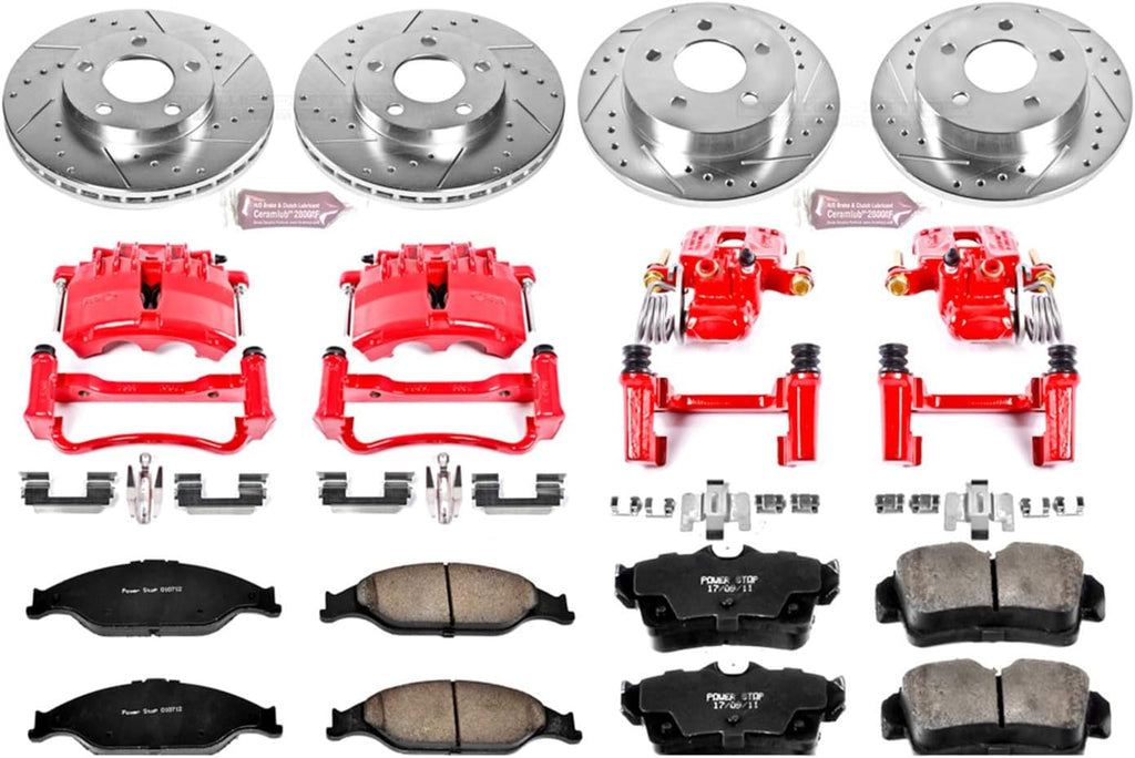 PowerStop Front and Rear Brake & Caliper Kit for Ford Mustang 2003-04 - Carbon-Fiber Ceramic Brake Pads + Drilled & Slotted Rotors + Red Powder Coated Calipers, KC1302A