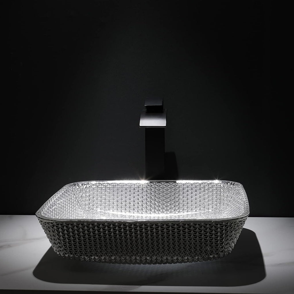 Bathroom Vessel Sink Crystal Glass Vessel Bowl Sink Square Vessel Sink Art Basin Counter Top Installation Bathroom Vanity Sinks with Brass Pop Up Drain-Gold (Silver)