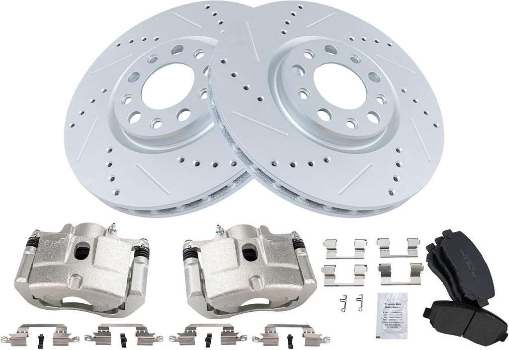 TRQ Performance Front Brake Pad and Rotor Set Ceramic Vented Coated Rotors Calipers Compatible with 2013-2016 Dodge Dart