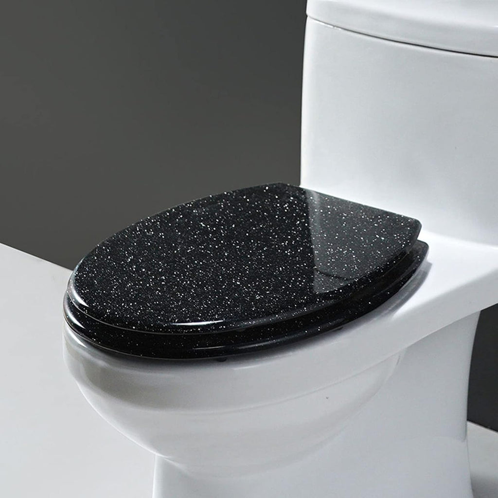 Resin Toilet Seat Soft Close Toilet seat Quick Release, Heavy Duty, Glitter Toilet Seat, Slow Close, Sparkling Toilet Seats for Bathroom, 14.2'×16.5',Gold,Black