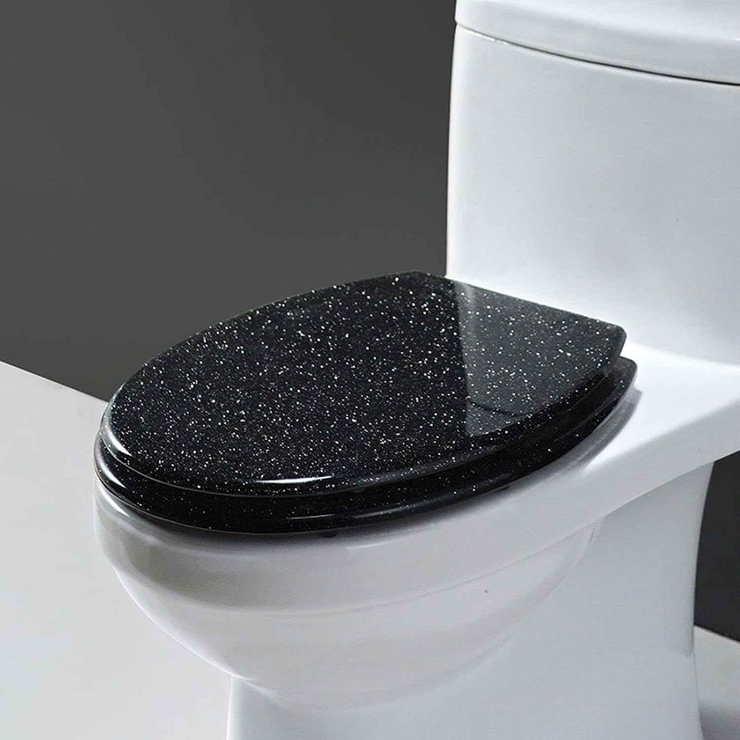 Sparkly Resin Toilet Seat, Elongated Toilet Seat Soft Close, Thicken Toilet Seats, Glitter Toilet Seat Slow Close Bathroom Toilet Lid, Easy Clean & Install, 42 × 36cm,Gold(Black)