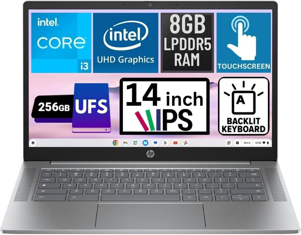 HP 14' Touchscreen FHD Chromebook Plus Laptop Bundle, Intel Core i3-N305, 8GB LPDDR5 RAM, 256GB UFS Storage, Includes Sleeve & Wireless Mouse, Chrome OS