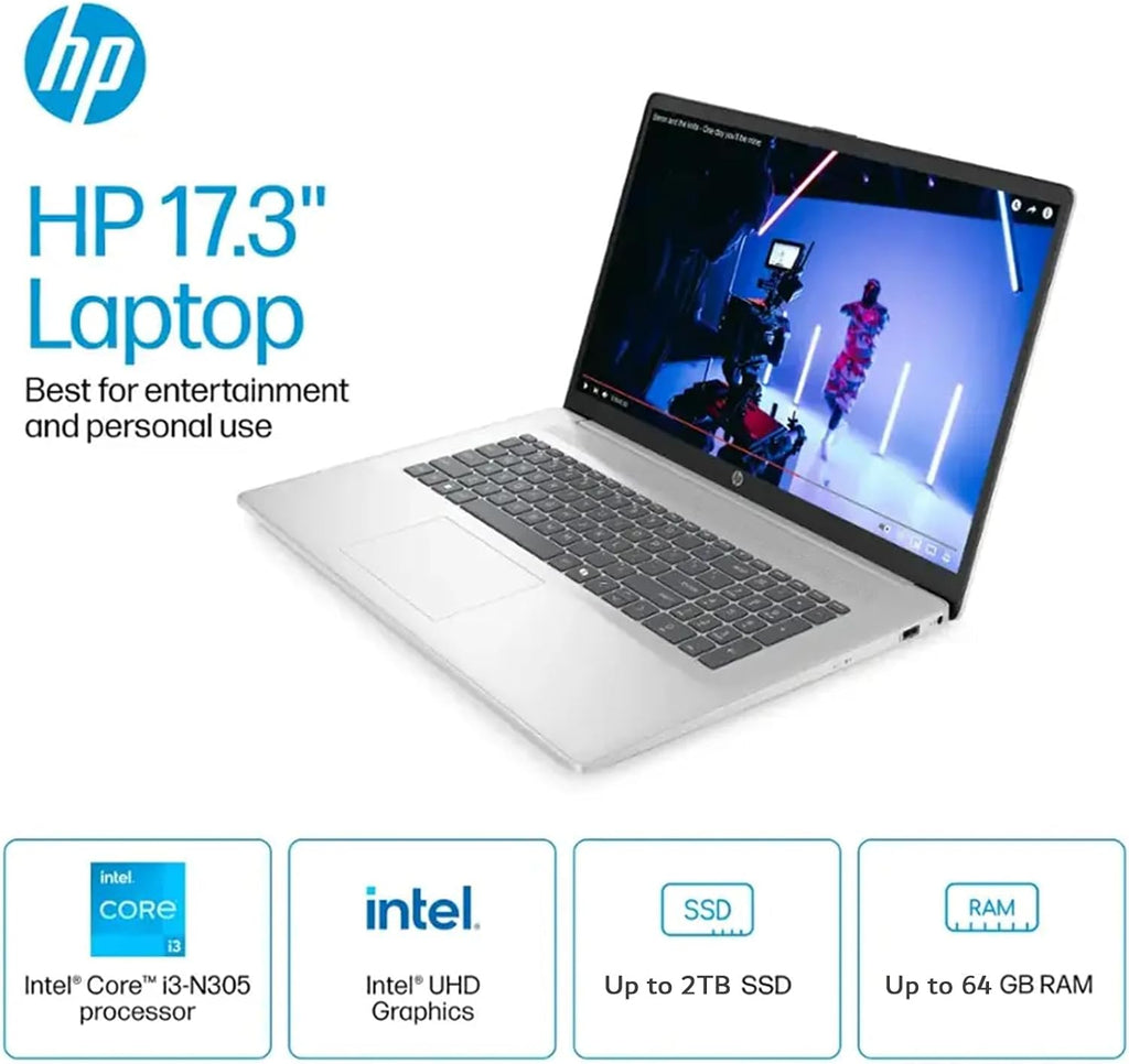 HP 17.3' Laptop for Business and Students, 17.3' HD+ Anti-Glare Display, w/Accessories, Intel (8-Core) i3 - N305, Win 11 Pro, Wi-Fi 6, Copilot AI, 32GB RAM, 1TB SSD