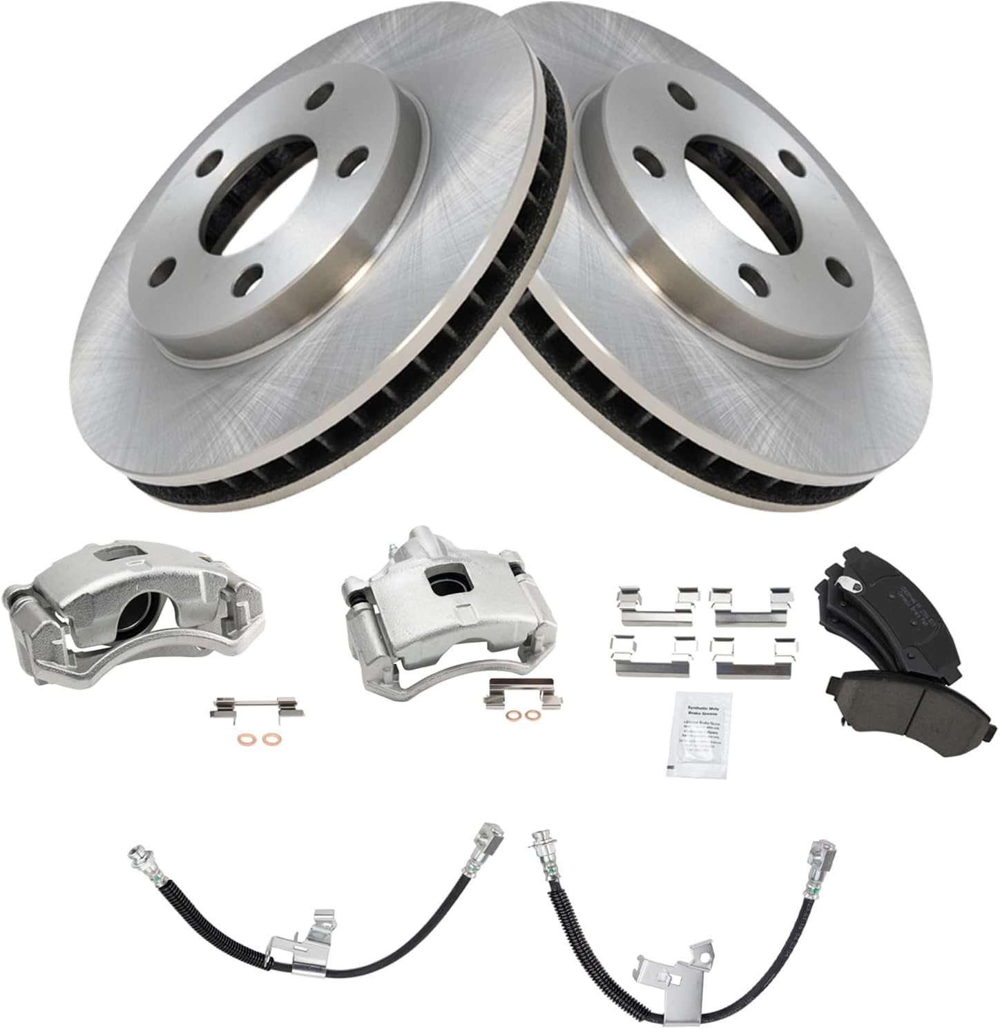 TRQ Front Brake Pad and Rotor Set Ceramic Vented Rotors Calipers Hoses Compatible with 2000-2005 Buick LeSabre Pontiac Bonneville