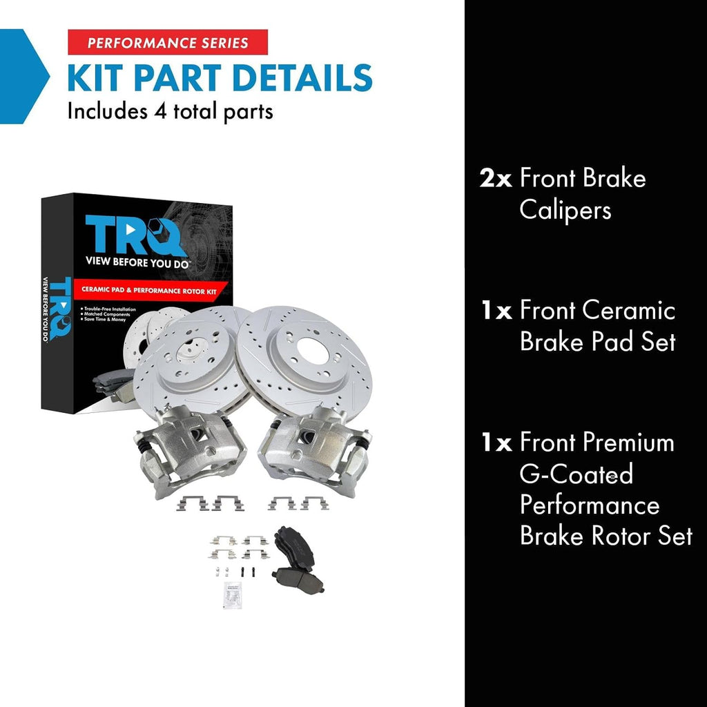 TRQ Performance Front Brake Pad and Rotor Set Ceramic Coated Drilled Slotted Vented Rotors Calipers Compatible with 07-17 Jeep Compass Patriot 08-14 Dodge Avenger 07-12 Caliber 11-14 Chrysler 200