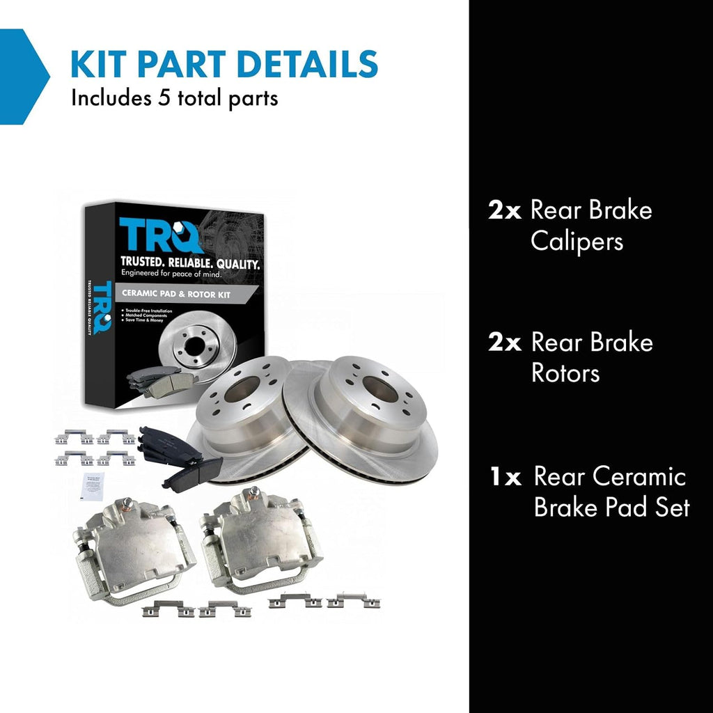 TRQ Rear Brake Pad and Rotor Set Ceramic Vented Rotors Calipers Compatible with 2007-2014 Chevrolet Avalanche Silverado Suburban Tahoe GMC Sierra Yukon XL 1500 Cadillac Escalade EXT ESV