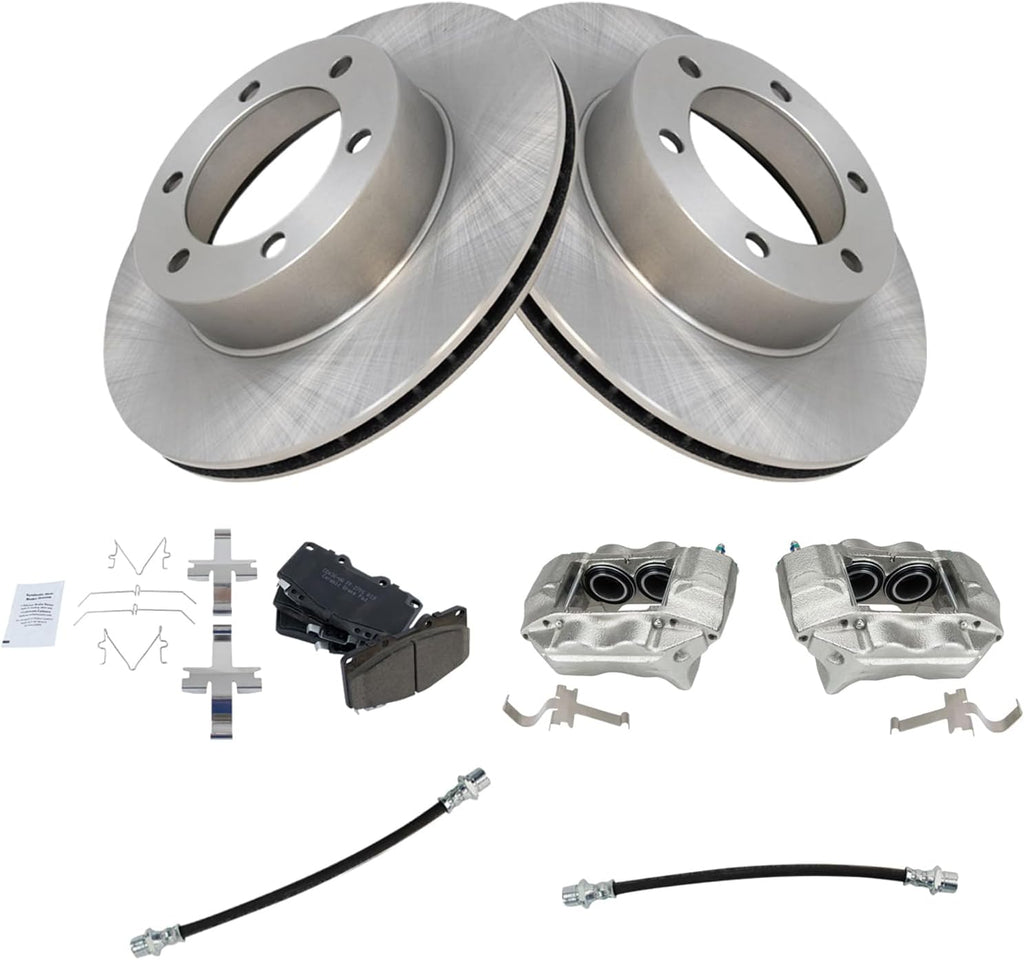 TRQ Front Brake Pad and Rotor Set Ceramic Rotors Calipers Hoses Compatible with 2001-2002 Toyota 4Runner