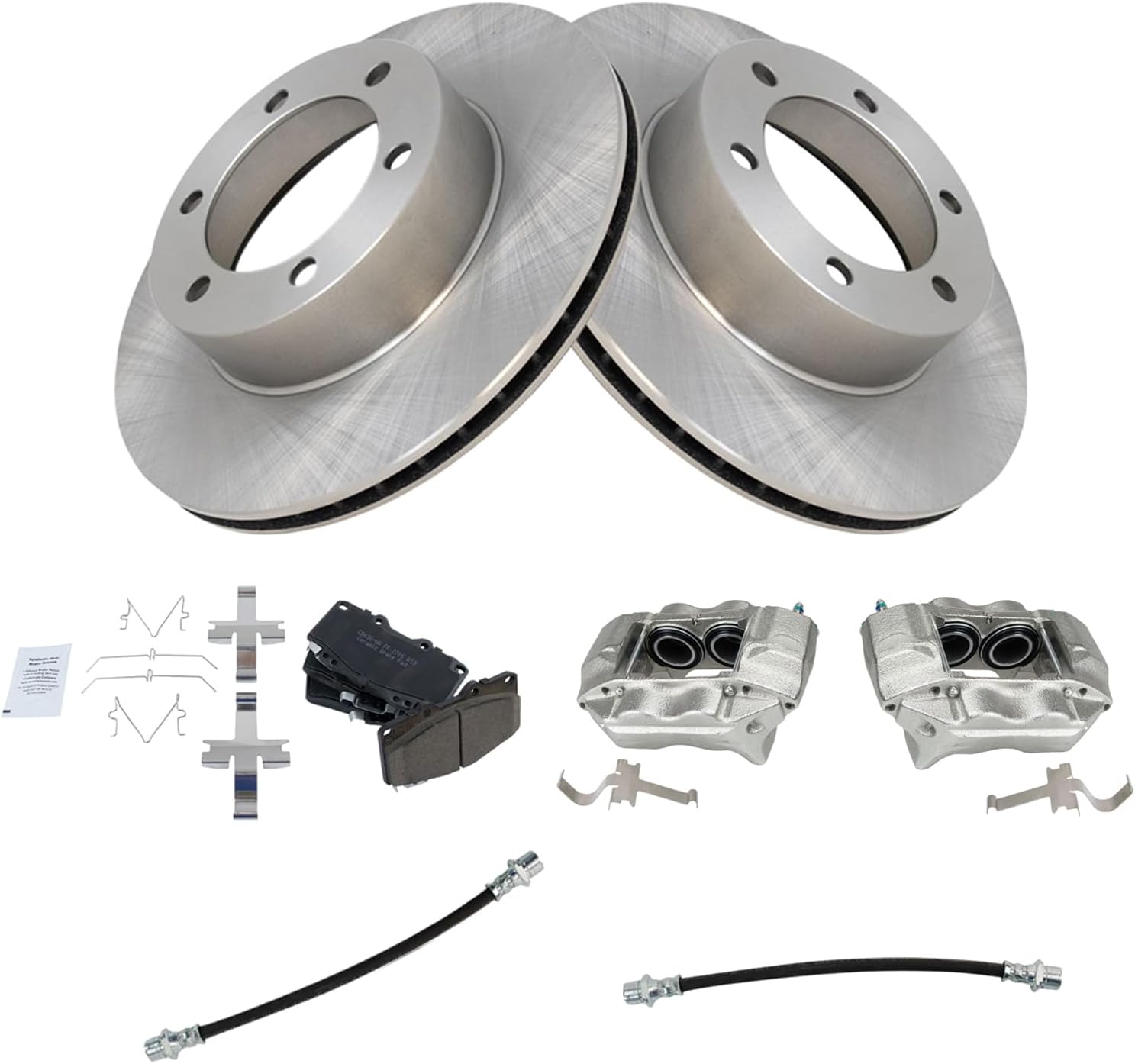 TRQ Front Brake Pad and Rotor Set Ceramic Rotors Calipers Hoses Compatible with 2001-2002 Toyota 4Runner