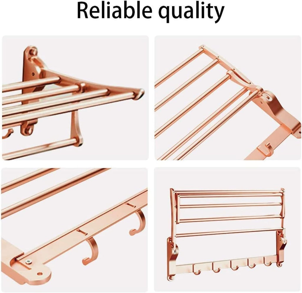 Towel Rack Towel Shelf Bathroom Towel Rack Foldable Double Wall Mounted Towel Holder with Hooks 60cm Aluminum Towel Rack with Multi Towel Bar for Kitchen Bathroom Toilet Hotel Office / Gold (Co
