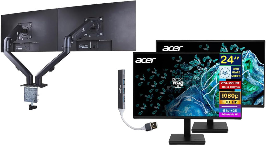 acer 24' FHD IPS Monitor with 4ms Response Time, Anti Glare, VESA Mount (100mm), HDMI, VGA & Black Color 2 Pack with DKZ Hub & ErgoFlexy Dual Monitor Mount