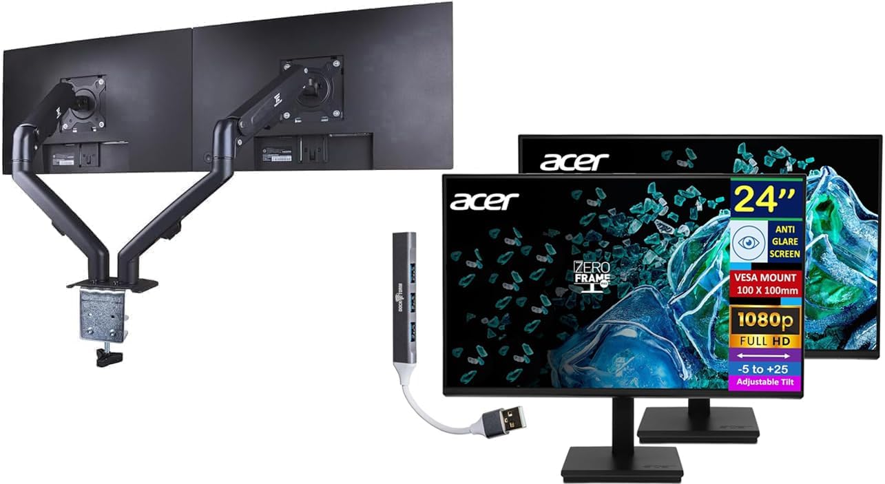 acer 24' FHD IPS Monitor with 4ms Response Time, Anti Glare, VESA Mount (100mm), HDMI, VGA & Black Color 2 Pack with DKZ Hub & ErgoFlexy Dual Monitor Mount