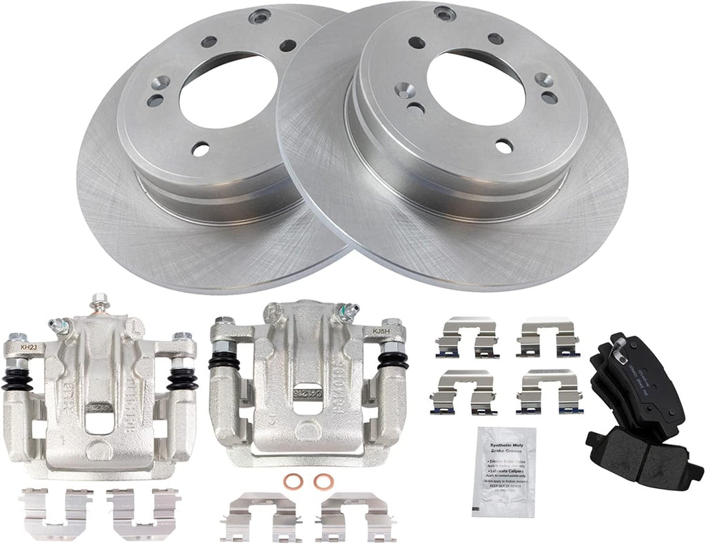 TRQ Rear Brake Pad and Rotor Set Ceramic Solid Rotors Calipers Compatible with 2012-2017 Hyundai Azera 2011-2015 Kia Optima